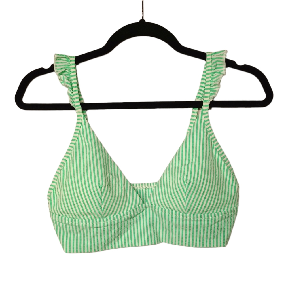 AERIE Bright Green White Thin Stripe Print Ruffle Triangle Bikini Top Medium - Picture 3 of 8